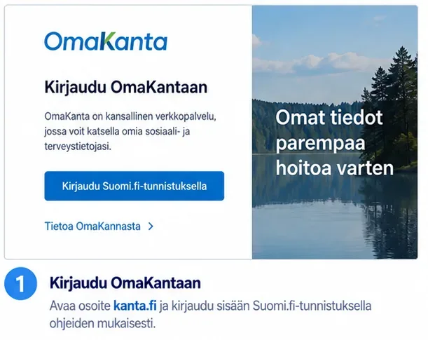 Havainnekuva OmaKantaan kirjautumisesta kanta.fi-sivuston kautta ja Suomi.fi-tunnistautumisen käyttämisestä