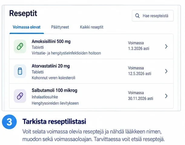 Havainnekuva reseptilistasta, jossa käyttäjä valitsee tarkasteltavan lääkkeen reseptin
