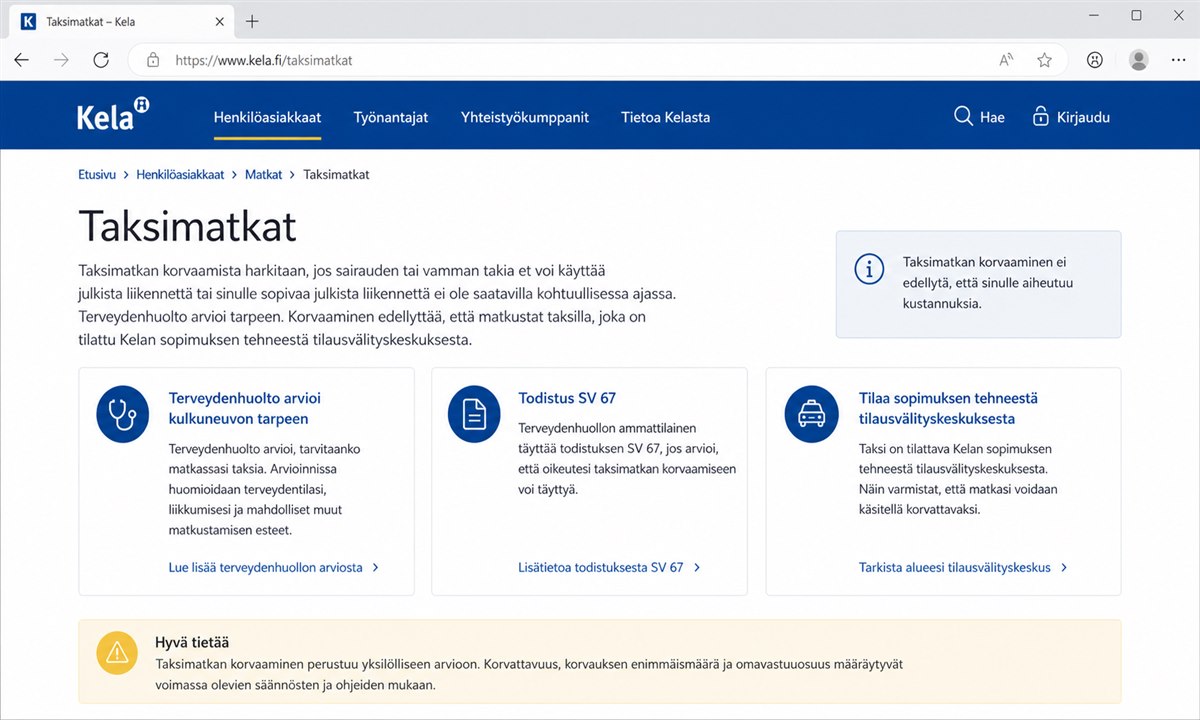 Taksimatkan korvattavuuden tarkistaminen Kelan sivuilta