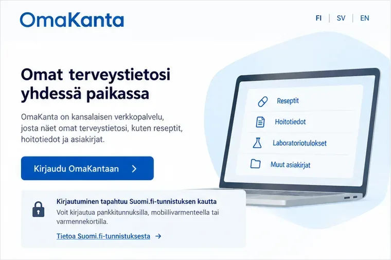 Havainnekuva OmaKannan kirjautumisnäkymästä, jossa näkyy Kirjaudu OmaKantaan -painike ja maininta Suomi.fi-tunnistuksesta