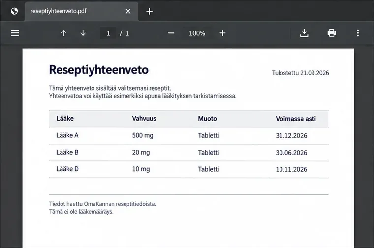 Havainnekuva selaimen PDF-katselusta, jossa reseptiyhteenveto on avattu ja yläreunassa näkyvät tallennus- ja tulostustoiminnot