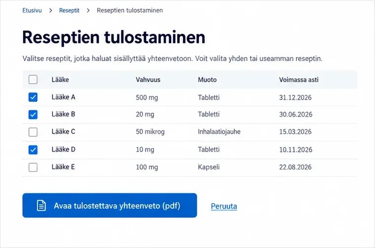 Havainnekuva reseptien tulostusnäkymästä, jossa useita reseptejä on valittu ja näkyy Avaa tulostettava yhteenveto pdf -toiminto