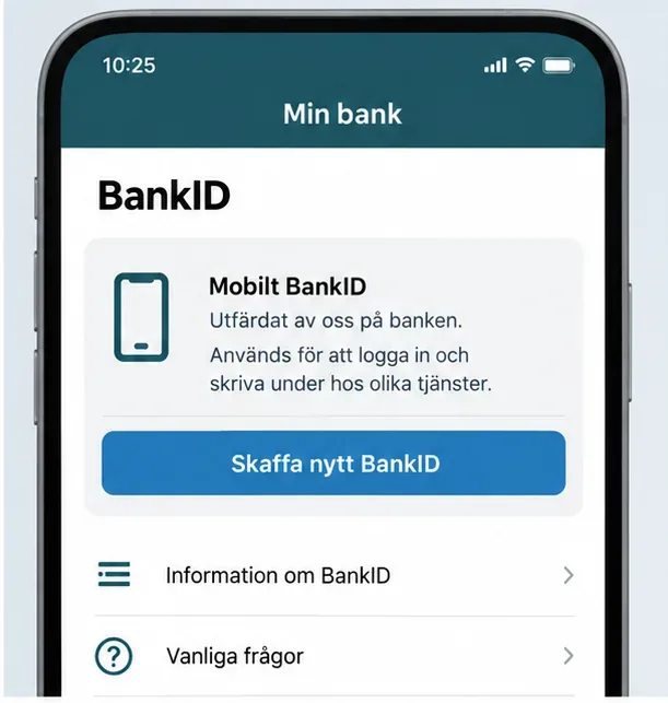 Illustrerad bankapp som visar en sida för Mobilt BankID och en knapp för att skaffa ett nytt BankID.