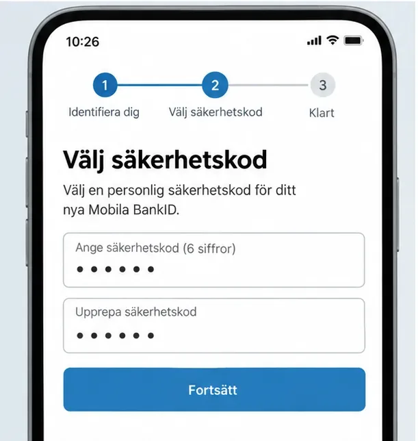 Illustrerad mobilskärm för aktivering av Mobilt BankID där användaren väljer och upprepar en personlig säkerhetskod.