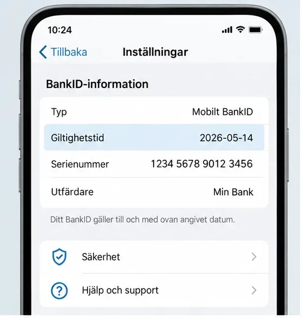 Illustrerad mobilskärm där Inställningar visar BankID-information och ett markerat datum för giltighetstid.