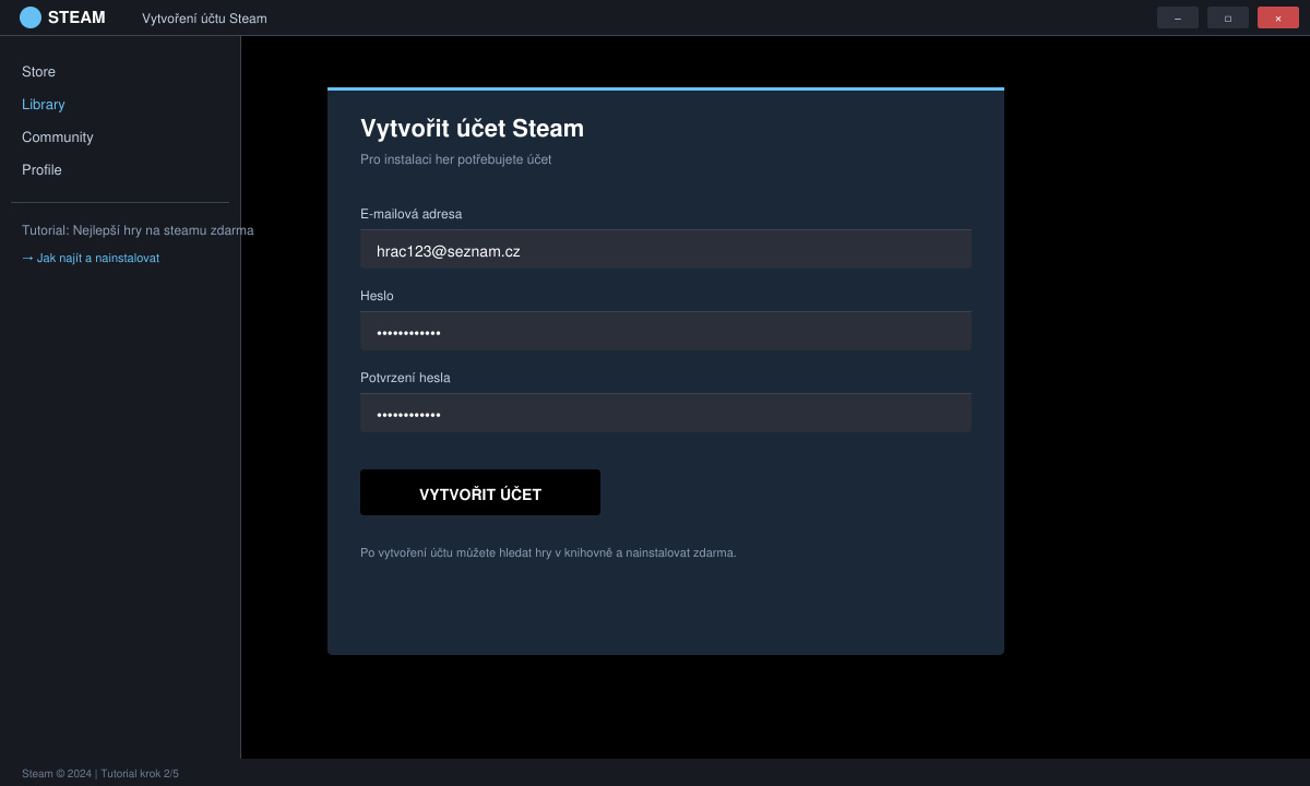 Obrazovka vytvoření účtu na Steamu s vyplněným formulářem