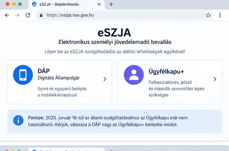 Az eSZJA belépési lehetőségeit szemléltető képernyő DÁP és Ügyfélkapu+ opcióval.