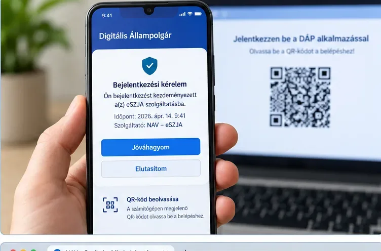DÁP-os belépést szemléltető mobilképernyő jóváhagyási kérelemmel és QR-kóddal.