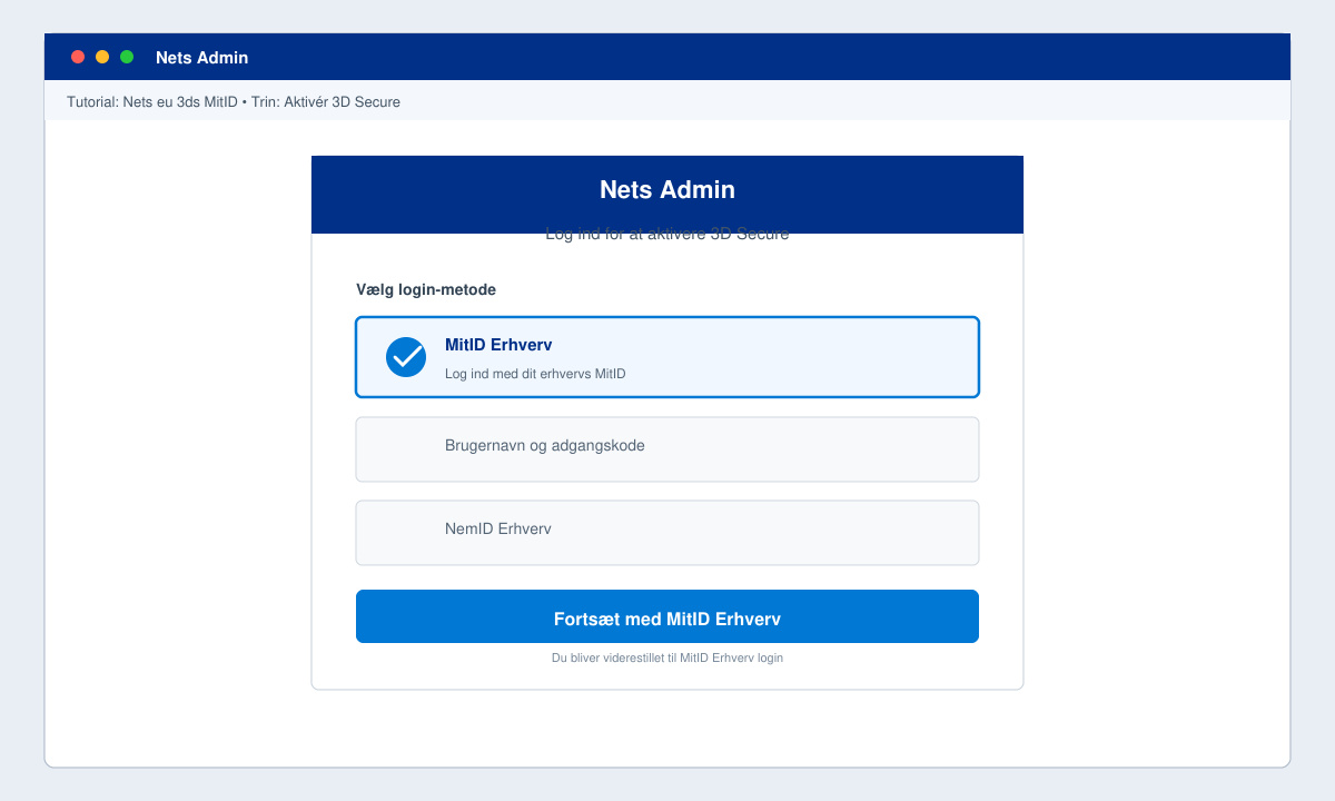 Skærmbillede af login til Nets Admin med MitID Erhverv