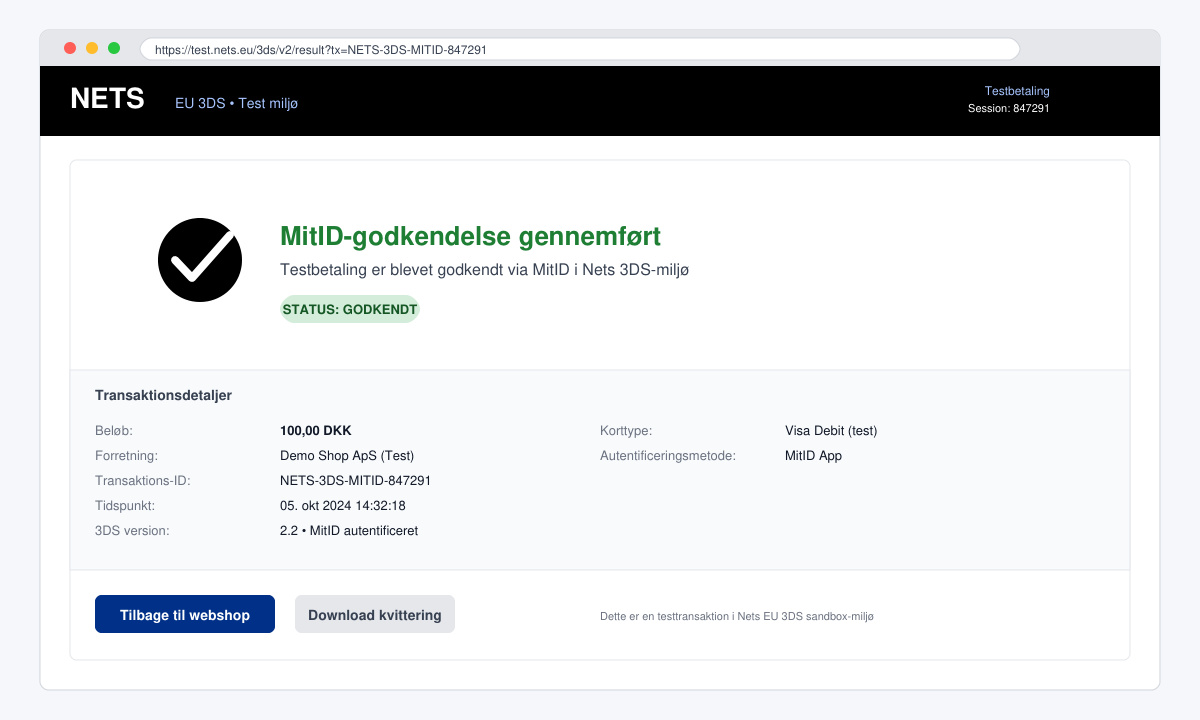 Bekræftelsesskærm efter aktivering af MitID i 3DS-indstillinger