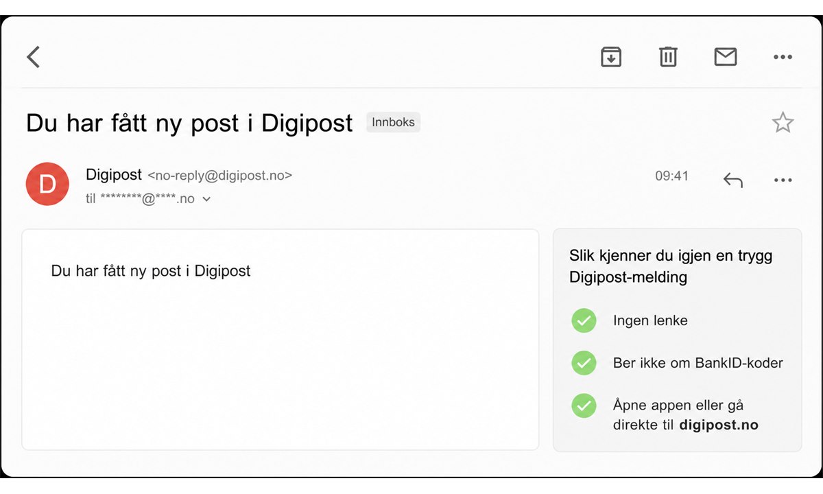 E-post fra no-reply@digipost.no åpen i innboks med varseltekst