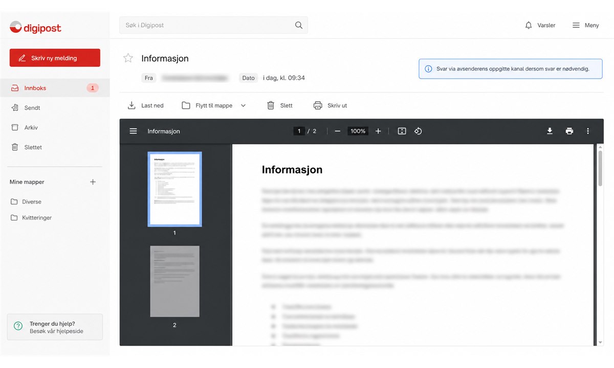 Digipost brev åpent med muligheter for arkivering og nedlasting