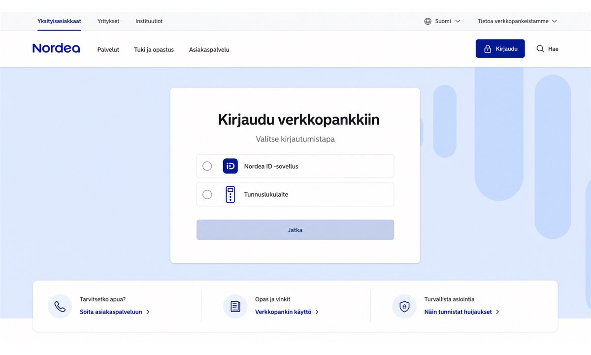 Nordea verkkopankin kirjautumissivu