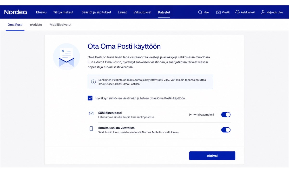 Nordea Oma Posti aktivointi ja ilmoitusasetukset
