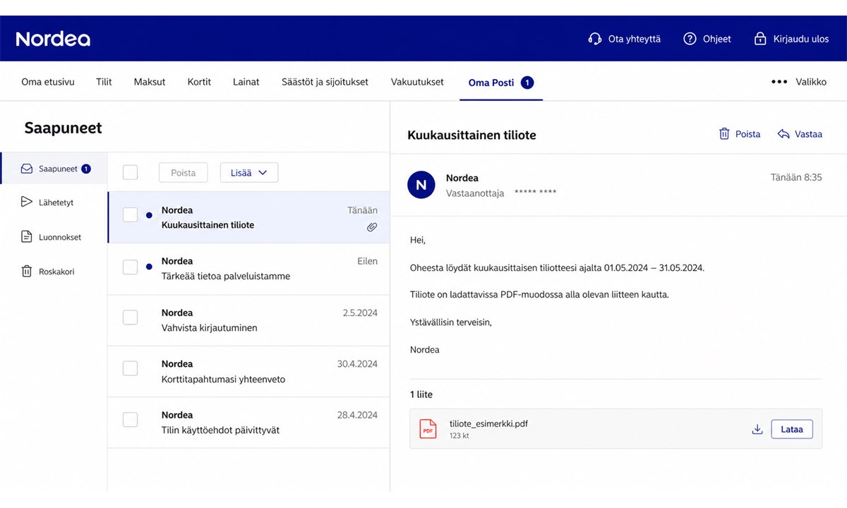Nordea Oma Posti saapuneet viestit ja tiliote lataus