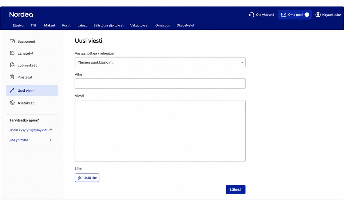 Nordea Oma Posti uuden viestin kirjoittaminen