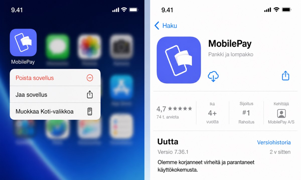 MobilePay sovelluksen poistaminen ja uudelleenasennus