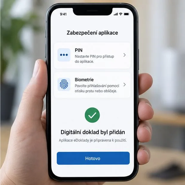 Ilustrační obrazovka nového telefonu s nastavením PINu, biometrie a přidaným digitálním dokladem