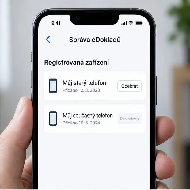 Ilustrační obrazovka Správy eDokladů se seznamem telefonů a tlačítkem Odebrat u starého telefonu