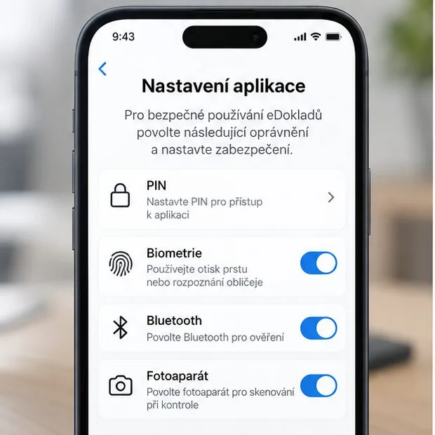 Ilustrační obrazovka nastavení aplikace s volbami PIN, biometrie, Bluetooth a fotoaparátu