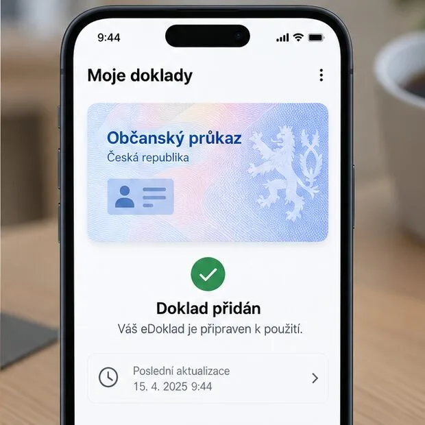 Ilustrační obrazovka sekce Moje doklady s přidaným občanským průkazem a údajem o poslední aktualizaci