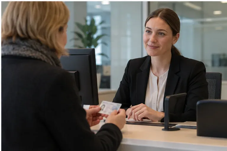 En bankkund visar legitimation för en bankanställd vid ett kontor.