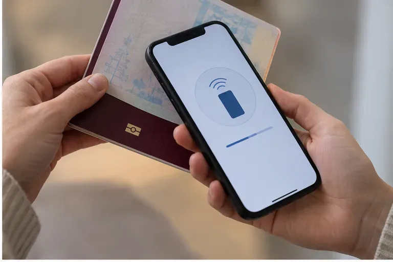 En person håller ett pass bakom en smartphone för att illustrera avläsning av id-handlingens chip med telefonen.