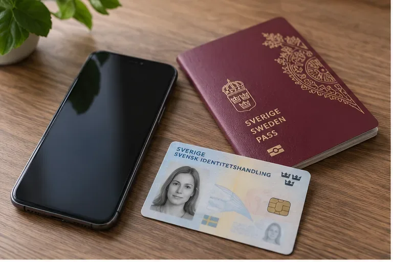 En ny mobiltelefon ligger bredvid ett svenskt pass och ett nationellt id-kort på ett bord.