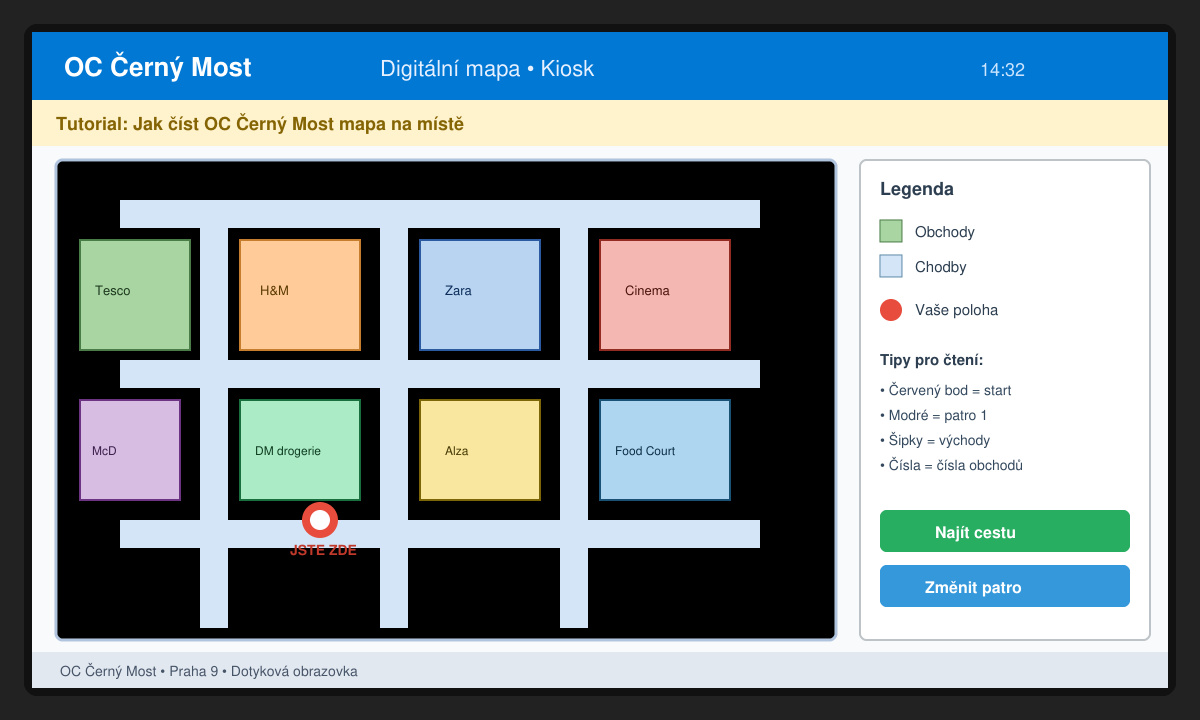 Detail informačního kiosku s digitální verzí Oc černý most mapa