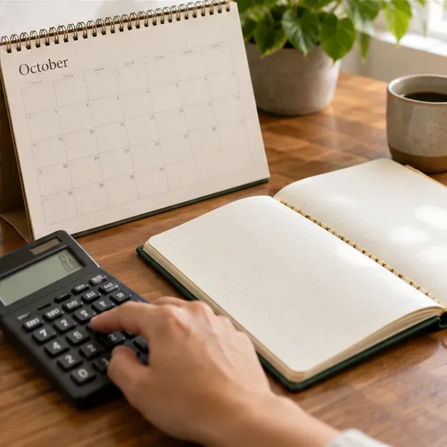 An October desk calendar sits beside a journal and calculator as someone checks a monthly number