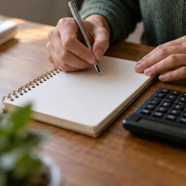 A person writes notes beside a calculator while reducing a multi-digit sum to one digit