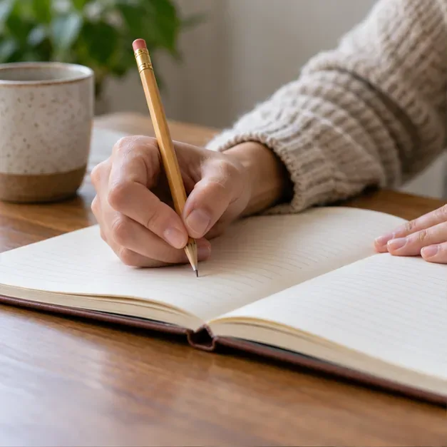 A hand writes in an open journal beside a pencil, representing the step of noting a birth month and day