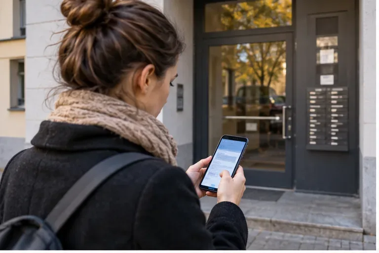 Obyvatelka před pražským bytovým domem kontroluje informace o svozu odpadu v telefonu.