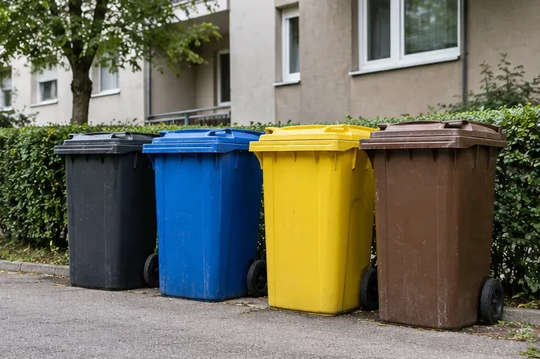 Odvojeni spremnici za različite vrste komunalnog otpada ispred stambene zgrade.