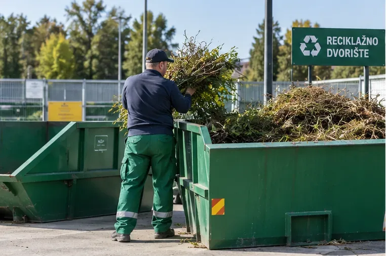 Radnik odlaže grane i drugi zeleni otpad u veliki spremnik u reciklažnom dvorištu.