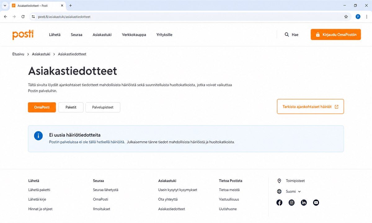 Posti.fi verkkosivusto palvelutilanteen tarkistaminen