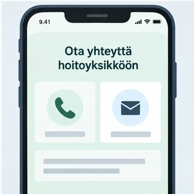 Puhelinnäkymä, jossa näkyy puhelin- ja sähköpostikuvake sekä teksti Ota yhteyttä hoitoyksikköön.