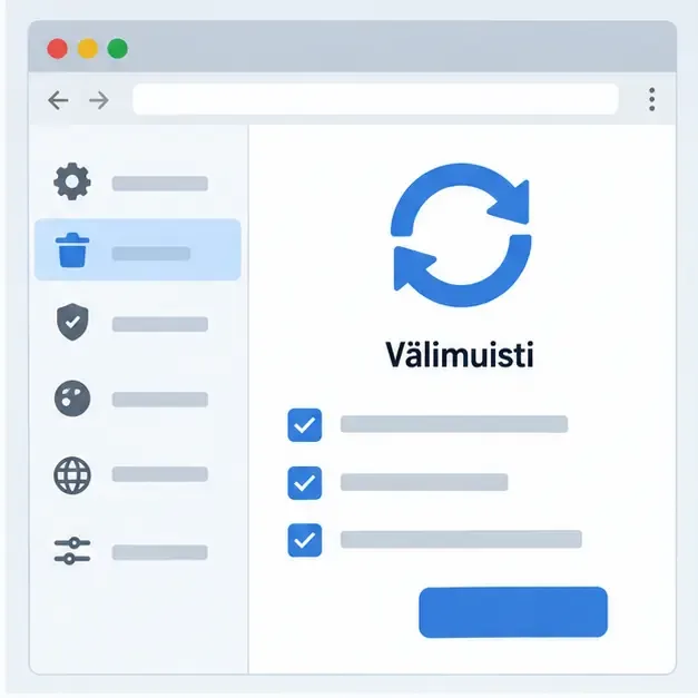 Selainasetusten kuvitteellinen näkymä, jossa näkyy päivityssymboli ja Välimuisti-teksti.