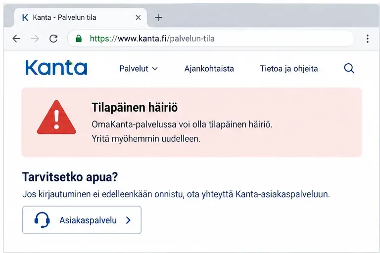 Kanta-palvelun häiriötilannetta havainnollistava selainikkuna, jossa näkyy tilapäisestä häiriöstä kertova ilmoitus ja asiakaspalvelun yhteydenottopainike.