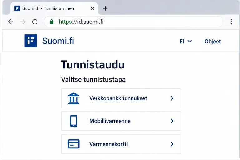 Suomi.fi-tunnistautumisen näkymä, jossa voi valita verkkopankkitunnukset, mobiilivarmenteen tai varmennekortin.