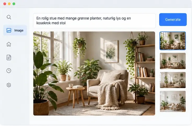 Nøytral bildefunksjon med tekstfelt, genereringsknapp og forhåndsvisning av et rom med grønne planter