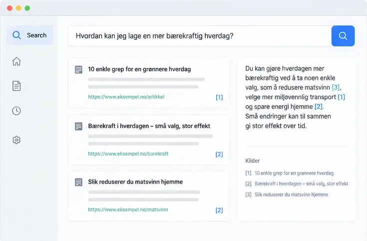 Nøytral arbeidsflate med nettsøk, søkeresultater og kildehenvisninger i et digitalt grensesnitt