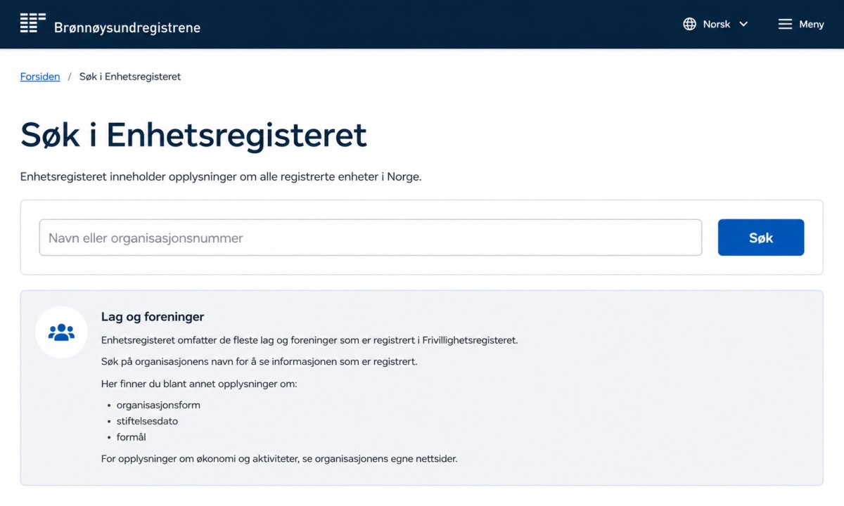 Søk på brreg.no etter organisasjonsnummer for forening