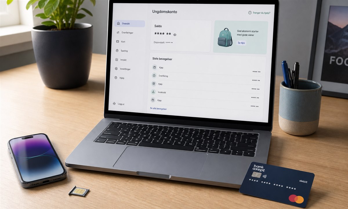 Ungdomskonto i nettbank og SIM-kort ved siden av hverandre