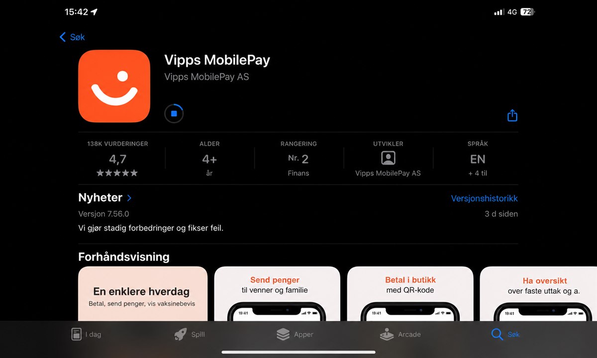 Barnets mobiltelefon med Vipps-appen under nedlasting fra App Store