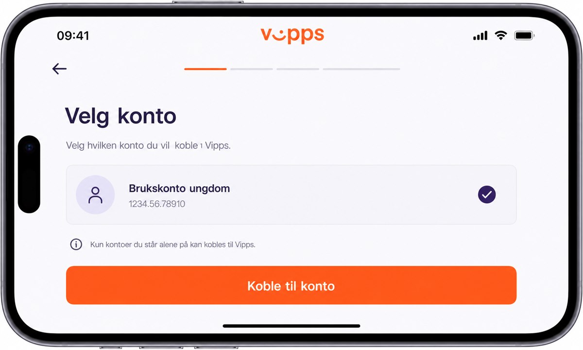 Vipps kontotilkobling-skjerm med ungdomskonto valgt i liste
