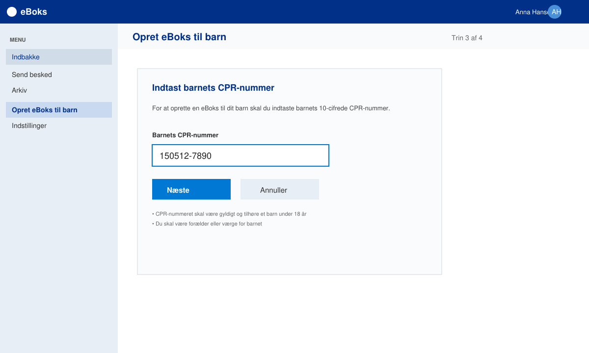 Formular til indtastning af barnets CPR-nummer i eboks