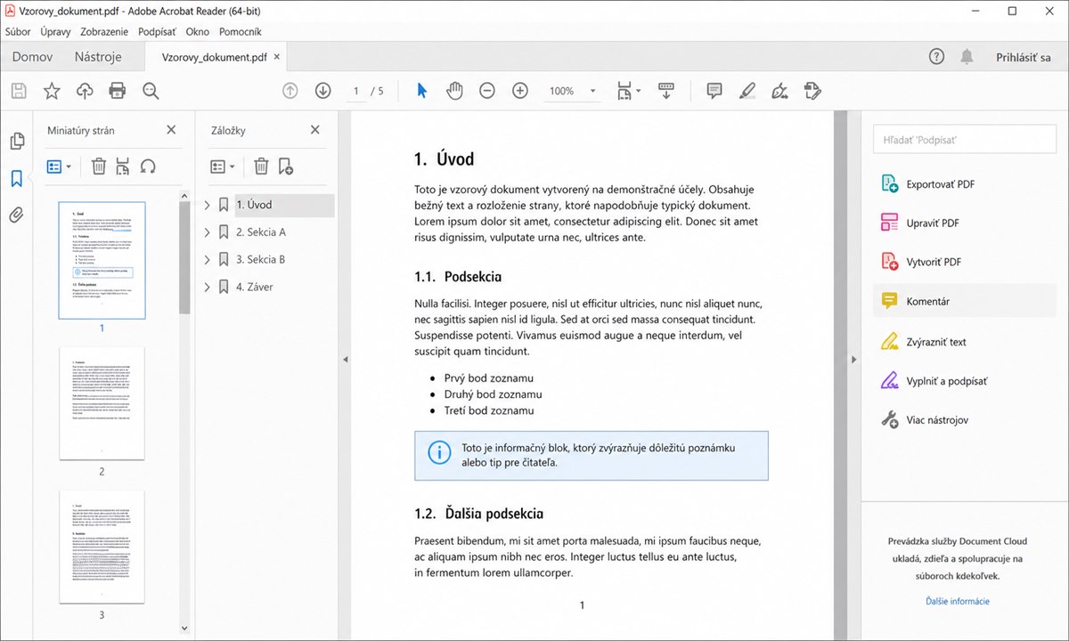 Rozhranie Adobe Acrobat Reader s otvorenými nástrojmi