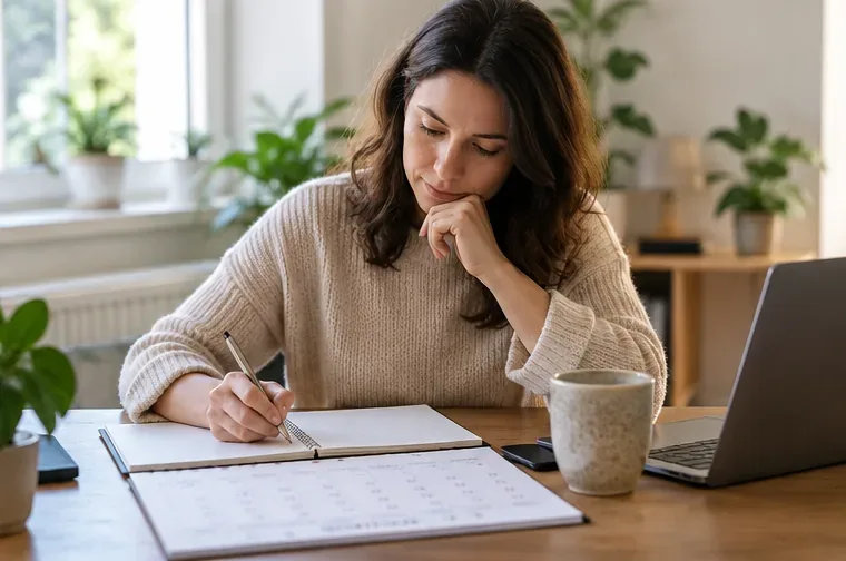 Person som sitter ved et skrivebord med kalender og notatbok og planlegger månedens oppgaver.