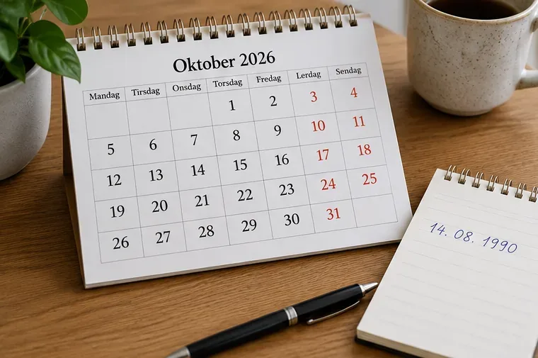 Kalender for oktober 2026 ved siden av en notatbok med en fødselsdato skrevet for hånd.